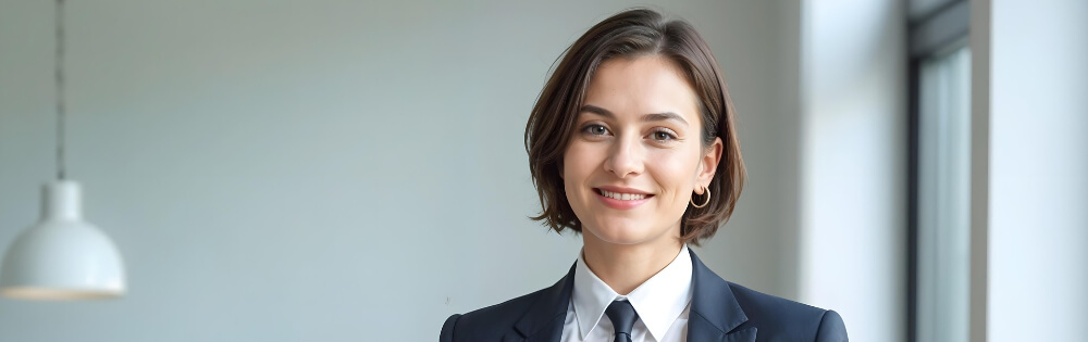 Porträt einer lächelnden Frau in einem dunklen Anzug mit weißem Hemd und Krawatte. Sie hat kurzes braunes Haar und steht vor einem hellen Hintergrund.